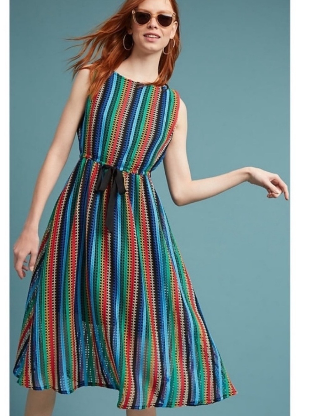 NWT Anthropologie Eva Franco Rainbow Striped Crochet Midi Dress Size 0